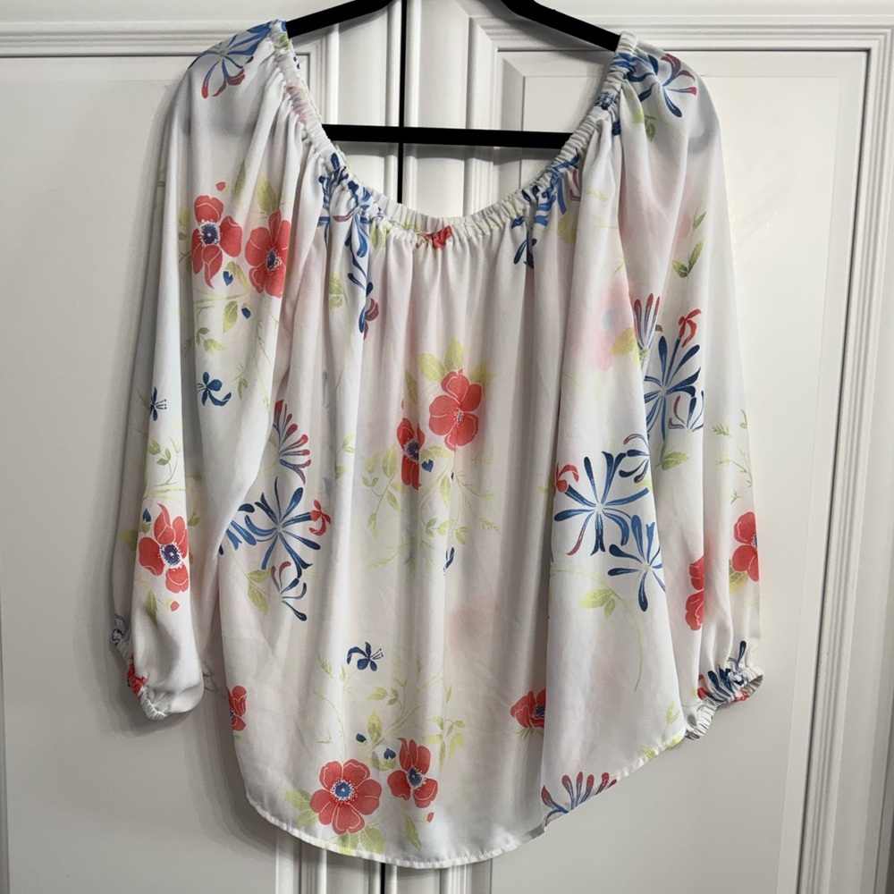 GAP Sz Large Off Shoulder Long Sleeve White w/Orange + Blue Floral Print Blouse